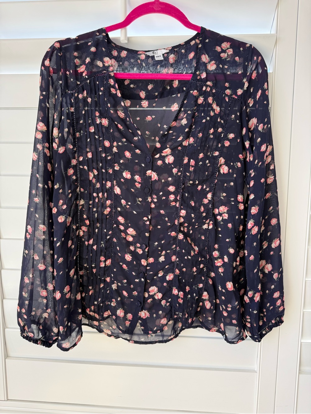 Volcom Navy Sheer Floral Button-Front Blouse with Pink Roses